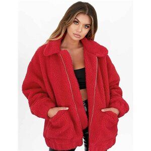 Women's Sherpa Fleece Faux Fur Trendy Jackets Red